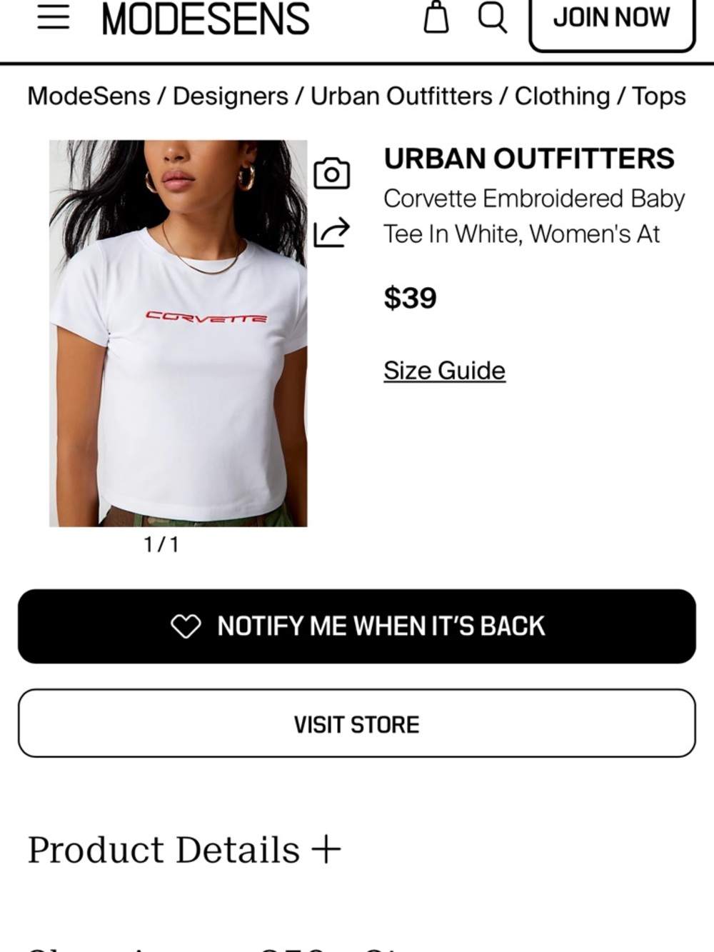 Urban Outfitters White Crop Tee with Red 'Corvette' Embroidery